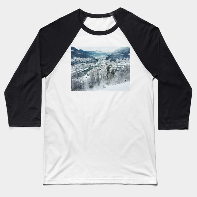 Wintertime - View on Snow-Covered Scandinavian Valley and Town Baseball T-Shirt by visualspectrum